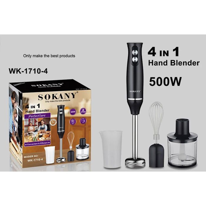 Sokany WK-1710-4 Blender à main avec robot culinaire multifonctionnel 4 en 1 et contrôle à deux vitesses