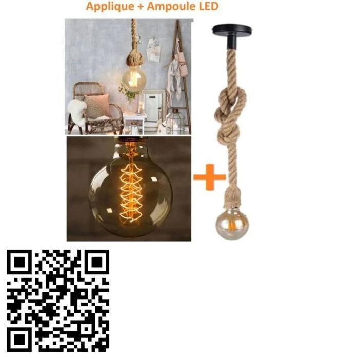 Luminaire suspendu style industriel en corde de chanvre E27 pour décoration vintage