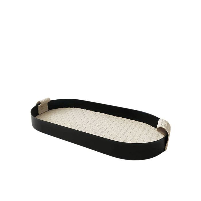 Plateau Ovale - PXTP - 382 - Métal Noir - Similicuir Blanc - 30 cm x 15 cm