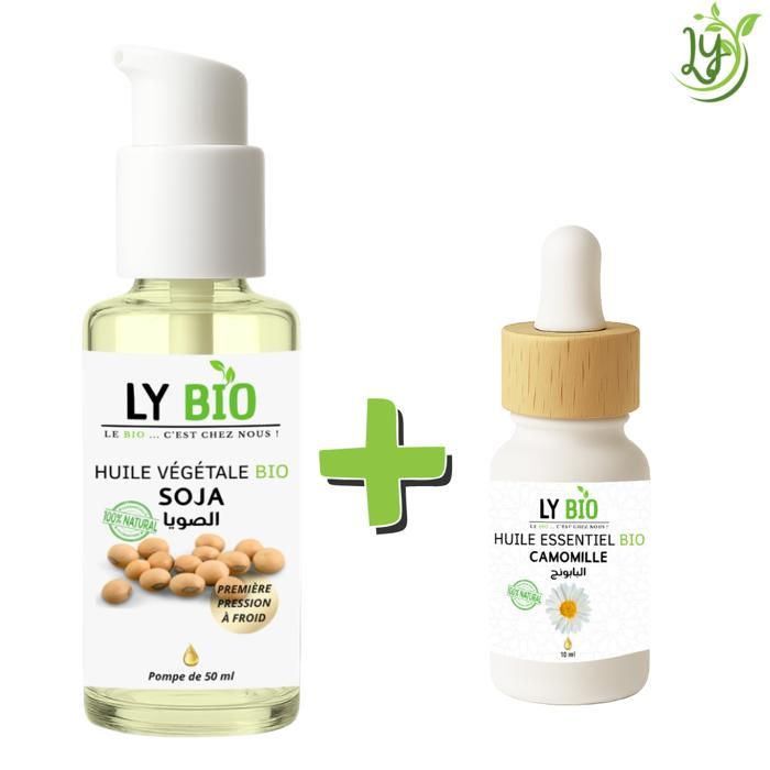 Pack de soins - LYBIO - HUILE SOJA 50ML - POMPE - HUILE ESSENTIEL CAMOMILLE 10ML - Nourrissant