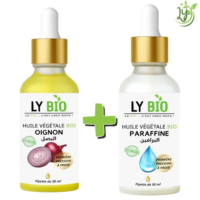 Pack de soins - LYBIO - Huile Oignon 50ml - Huile Paraffine 50ml - Pipette - Tous types de cheveux
