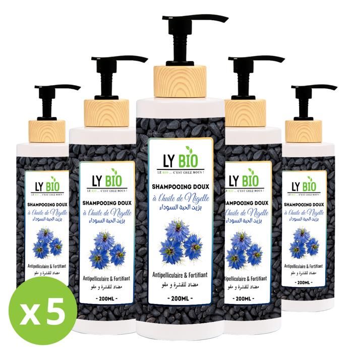 LYBIO PACK SHAMPOOING A L'HUILE DE NIGELLE 200ML - ANTIPELLICULAIRE & FORTIFIANT LOT DE 5 bouteilles