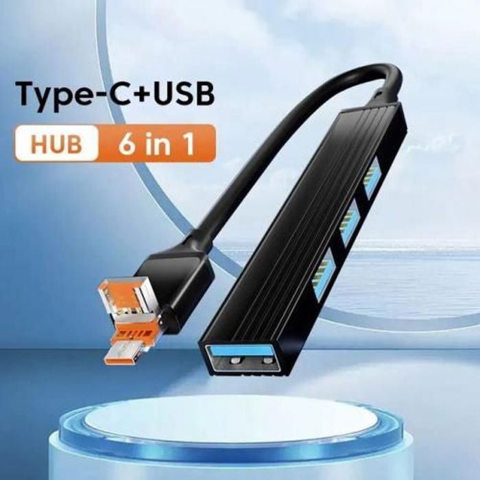 Hub USB 3.0/Type-C 6 en 1 - Aluminium - 4 ports - Charge rapide - Transmission de données - Portable