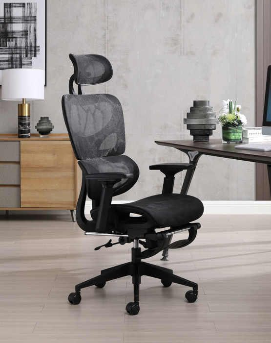 ANTONIO Fauteuil de bureau ergonomique avec repose-jambes- Noir mat