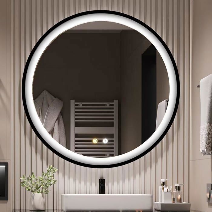 Miroir Rond - Noir - 80x80 cm - Anti-Buée - Affichage Heure - Affichage Température