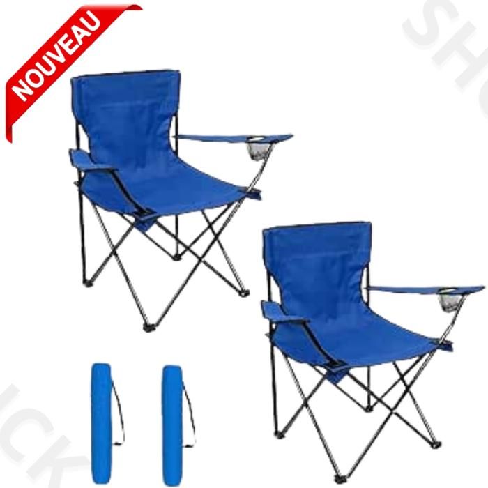 2 Chaises Plage Pliable, De Pêche Pliables Fauteuil Camping plus porte-Bouteille et sachet, Bleu