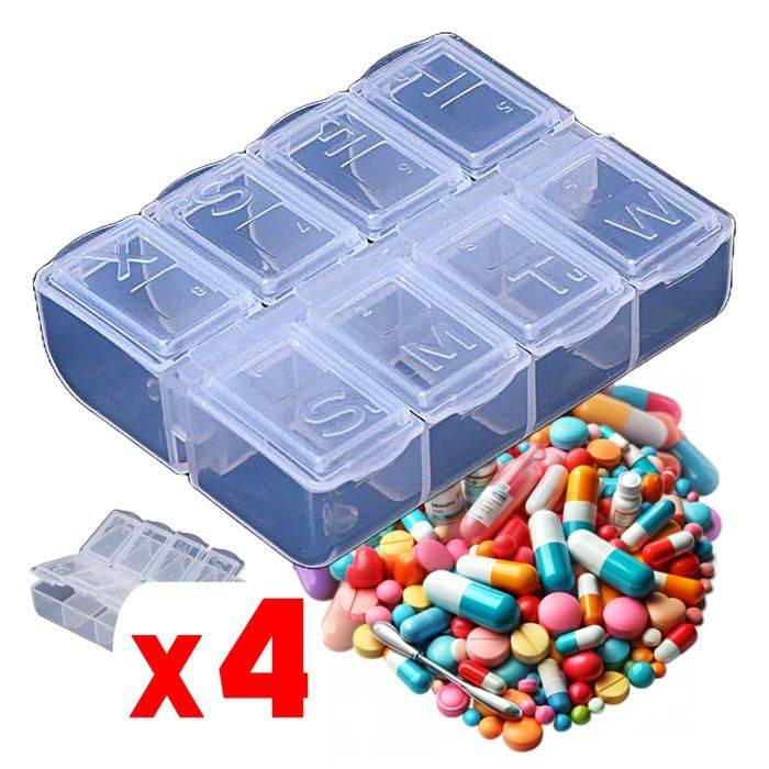 4 Boites à médicaments Semainier 7 jours 8 compartiments Pilulier quotidien Distributeur de Médicaments