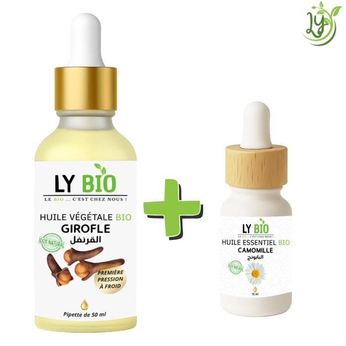 Pack d'huiles essentielles - LYBIO - Huile Girofle 50ml - Pipette - Huile Camomille 10ml - Soin cheveux