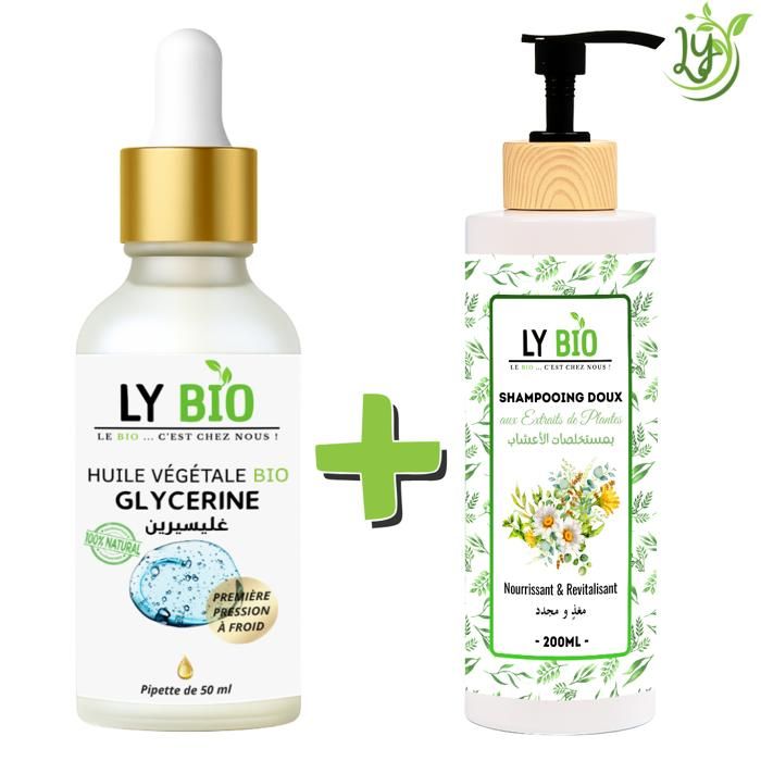 Pack de soins capillaires - LYBIO - Huile de glycérine 50ml - Shampooing 200ml - Hydratant & Revitalisant