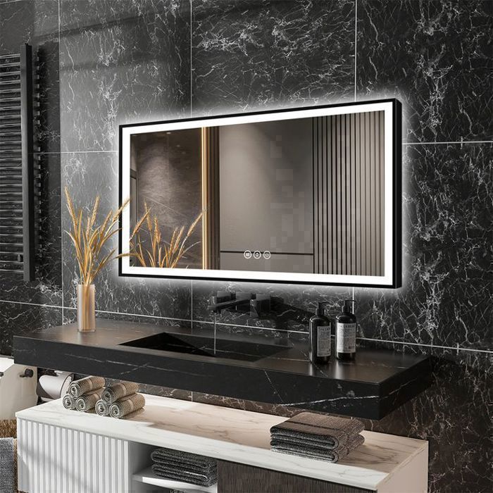 Miroir LED 120x80 – Anti-buée, heure, température avec cadre noir