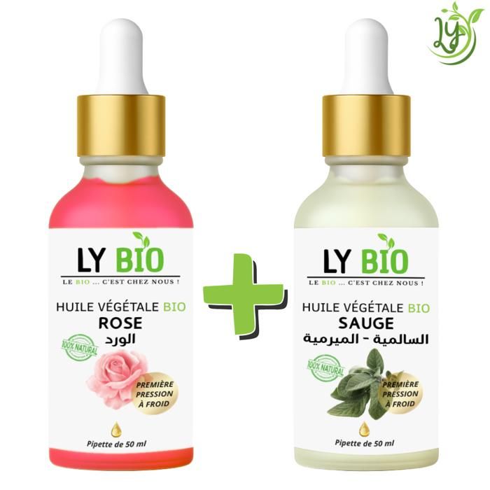 Pack Huile - LYBIO - Rose 50ml - Sauge 50ml - Pipette - Soin naturel complet