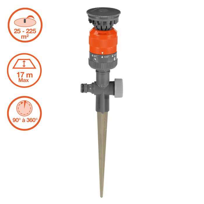 GARDENA Arroseur circulaire Vario Comfort – Surface 225m² max – Portée 8.5m max – Crans arrosage 45-360° – Garantie 5 ans (1949-20)