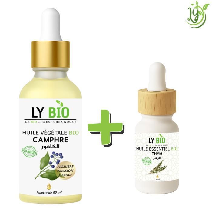 Pack d'huiles - LYBIO - Huile Camphrée 50ml - Pipette - Huile Essentielle Thym 10ml - Mixte