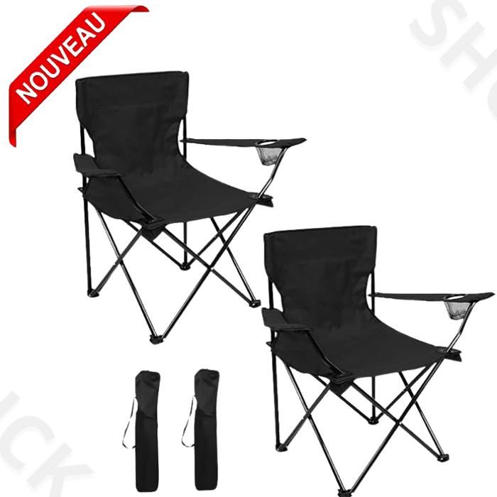 2 Chaises Plage Pliable, De Pêche Pliables Fauteuil Camping plus porte-Bouteille et sachet, Noir