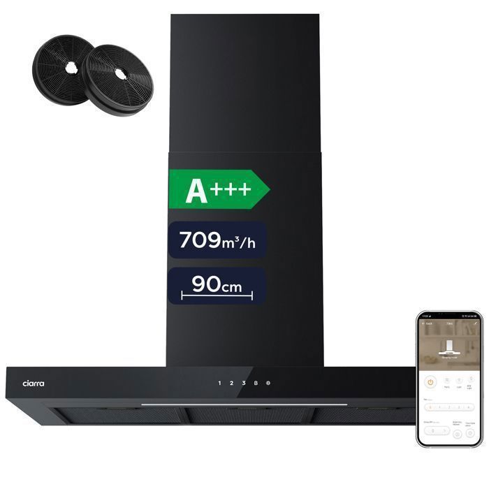 CIARRA Väggmonterad Fläkt 90cm Svart WiFi Touch A+++ 709m³/h Min 43dB Booster 61dB 12kWh/år Kolfilter Inkluderat CD9102B