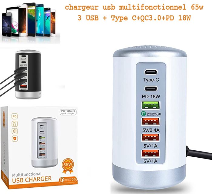 Chargeur USB - TSV - 65W - 6 Ports - QC3.0 - PD 18W
