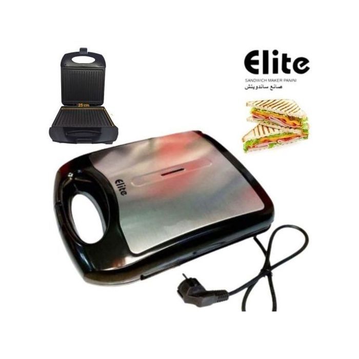 Elite Sandwich Maker, Panini En INOX, Plaques Antiadhives 25 x 21 cm, Grille Viande, Thermostat Réglable, 1400W
