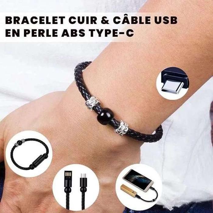 Bracelet Perle Câble USB Type C et Transmission de Données 22,5 CM 3en1 Recharge Rapide Stylé