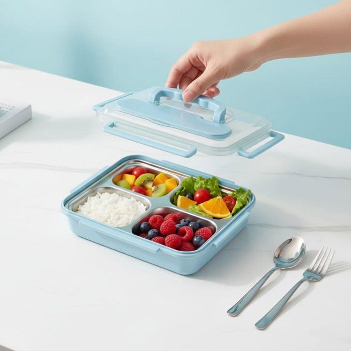 Lunch Box Isotherme avec 4 Compartiments + Cuillère et Fourchette en Inox – Parfait pour l'École et le Travail -20/28CM-couleur bleu