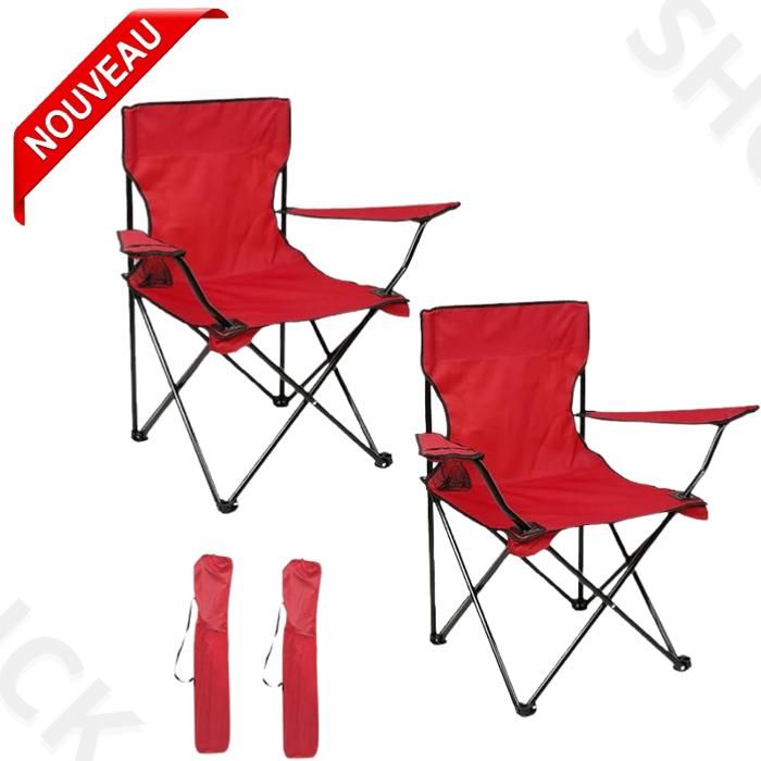 2 Chaises Plage Pliable, De Pêche Pliables Fauteuil Camping plus porte-Bouteille et sachet, Rouge