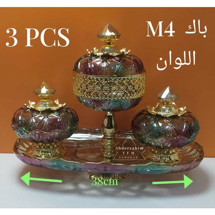 Ensemble de 3 Bonbonnières de Luxe avec Plateau Doré – Modèle M4 Multicolore – 38 cm