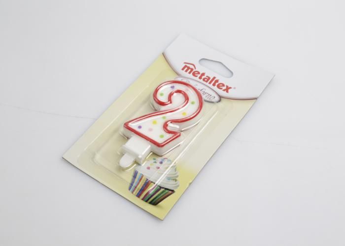 Metaltex bougie numéro 2 cire 8 cm rouge/blanc