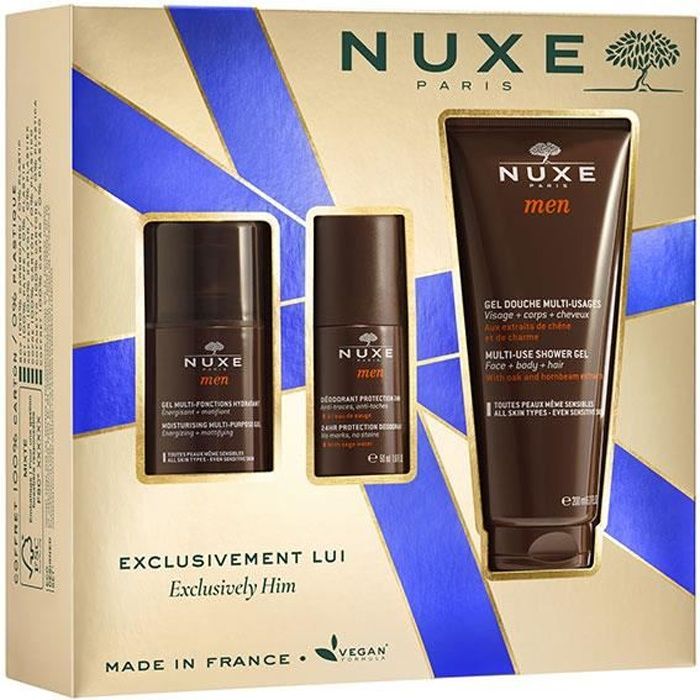 Coffret Nuxe Men - Gel douche, Déodorant, Gel hydratant - Parfum boisé - Hydratation 24h - Pour homme