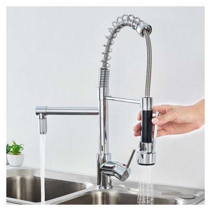 Robinet Cuisine - Moderne - Bec Haut - Laiton - Douchette Rotative 360° - Chrome