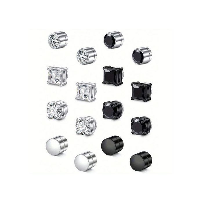 Boucles d'oreilles - MAGNÉTIQUE - Cristal - Noir/Argent - Acier Inoxydable - 8 Paires