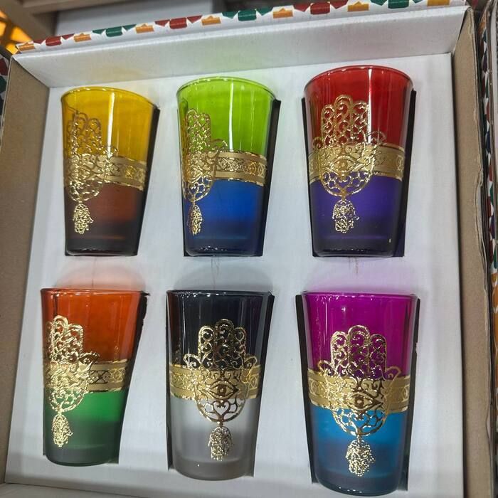 Lot de 6 Verres à Thé Marocains Artisanaux Multicolores - 180ml (6,3 FL OZ) - Peint à la Main - comme Cadeaux, Photophores ou Vases