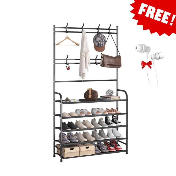 Porte-Manteau, 3-en-1 Vestiaire, Chaussures, Rangement entrée, 5 Étagère, 8 Crochets Amovibles, Avec écouteurs Gratuit