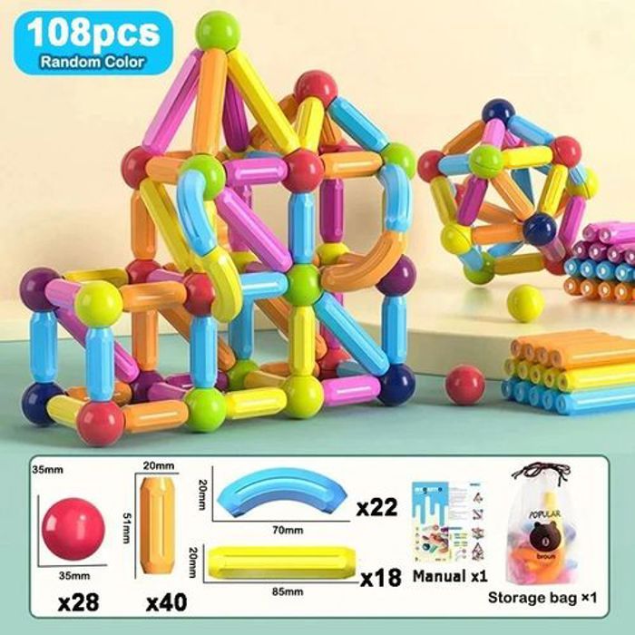 Jeu de Construction Magnétique - 108 PCS - Bâtons et Boules - Sécurisé - Développement Créatif