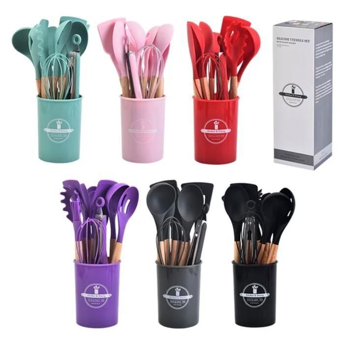 nsemble  de cuisine en silicone premium : 12 pièces avec poignées en bois, non toxique et résistant à la chaleur (Couleur aléatoire)