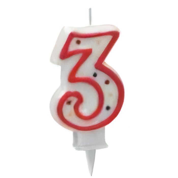 Metaltex bougie numéro 3 cire 8 cm rouge/blanc