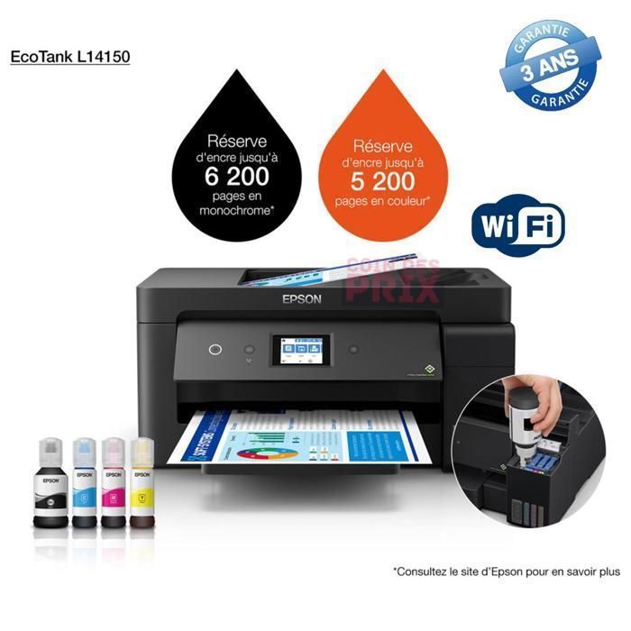 EPSON ECOTANK ITS L14150 A3 + à réservoirs rechargeables multifonction Couleur, 17ppm/9 ppm, USB, Ethernet, Wi-Fi, recto/verso