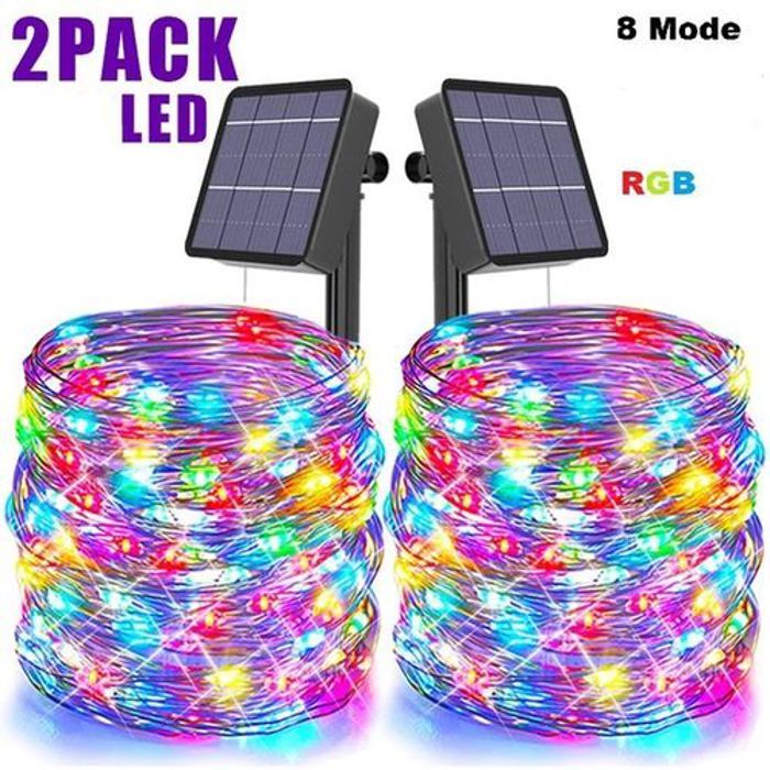 Ensemble de 2 Guirlandes Lumineuses Solaires de 15m, 100 LED RGB, Luminaires Décoratifs pour Jardin