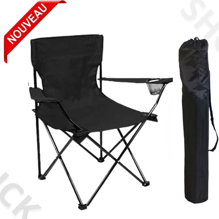 Chaise Plage Pliable, De Pêche Pliables Fauteuil Camping plus porte-Bouteille et sachet, Noir