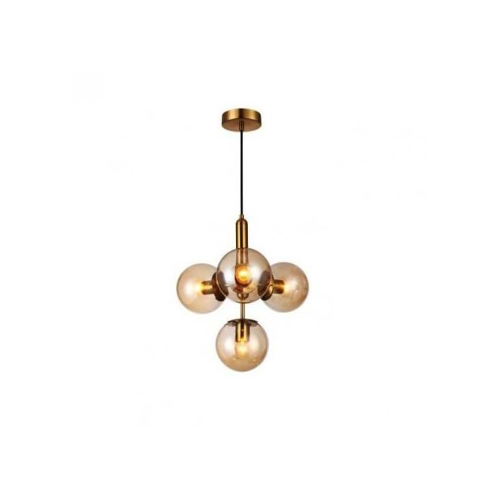 Lustre moderne laiton brossé 4 boules transparent miel -E27-