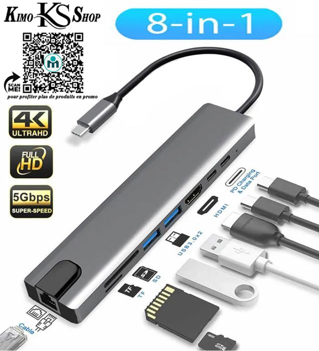 8 in 1 Station d'accueil USB Type C SD / Micro, port HDMI 4k pour ordinateur portable, adaptateur pour Macbook