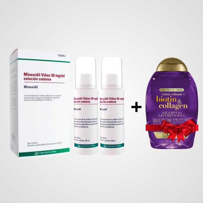 Minoxidil 5%  Viñas (2x120ml) + Shampoo Biotine et collagen  385ml Cadeaux