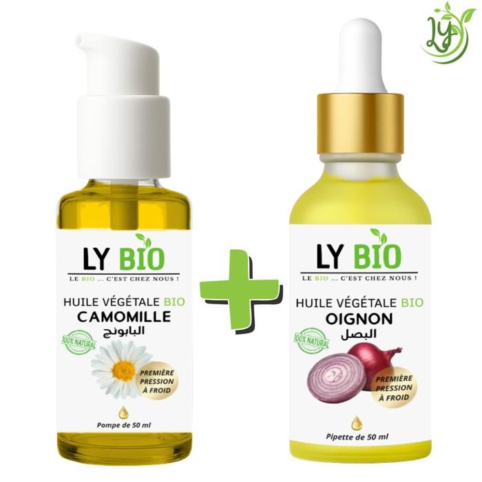 Pack d'huiles végétales - LYBIO - Huile de camomille 50ml - Huile d'oignon 50ml - Soin anti-chute
