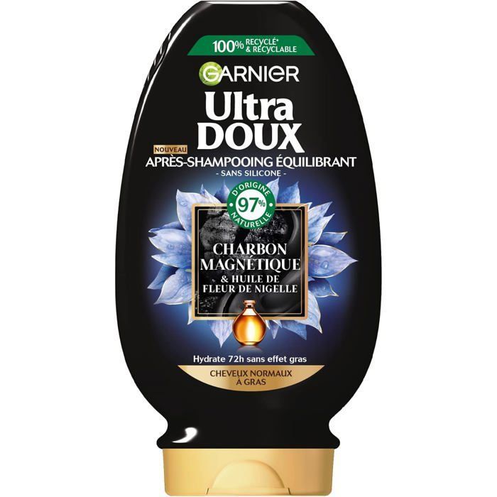 Ultra Doux - Après Shampoing purification et brillance Charbon et Nigelle pour cheveux gras - 360ml