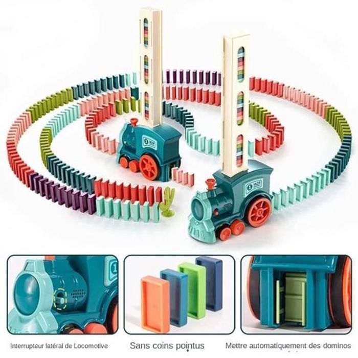 Train Dommino - 60 pièces - Briques de Voiture Électrique - Jouets Éducatifs - Pose Automatique
