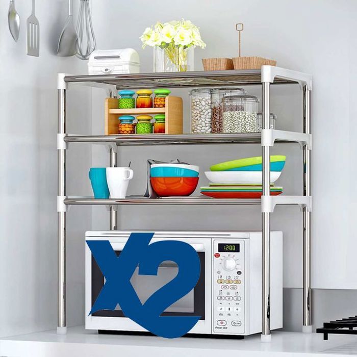 2x Etagère de cuisine rangement support de four à micro-ondes avec 3 niveaux en acier inoxydable
