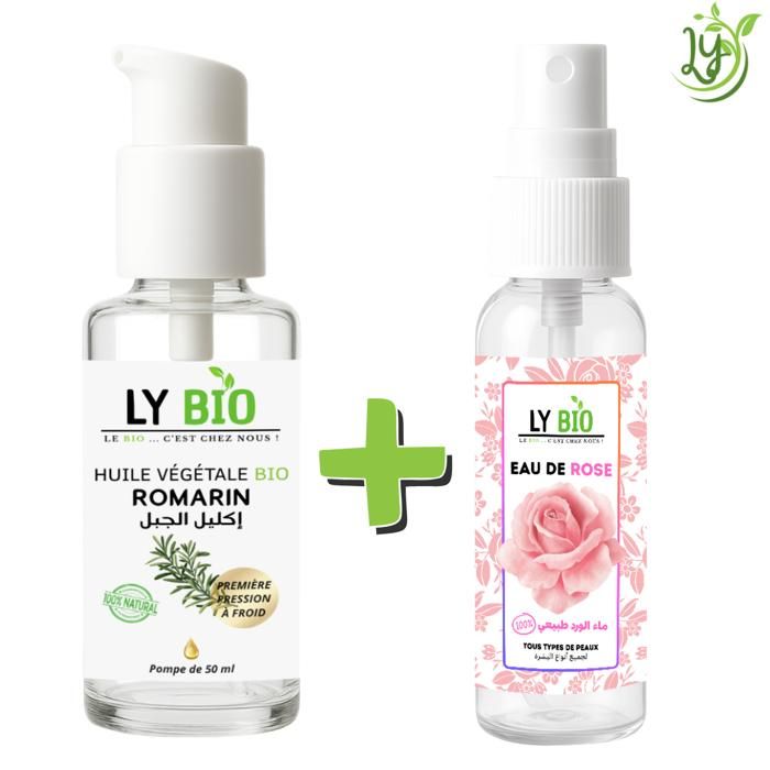 Pack de soins - LYBIO - Huile de romarin 50ml - Eau de rose 100ml - Tous types de cheveux - Mixte
