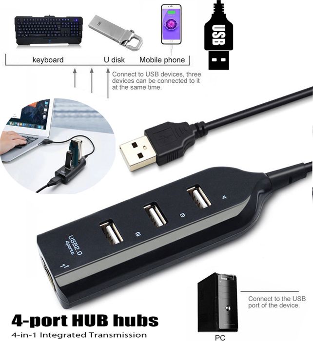 Mini USB Hub 2.0 à 4 ports haute vitesse, adaptateur de charge de données pour téléphone, ordinateur PC, disques durs
