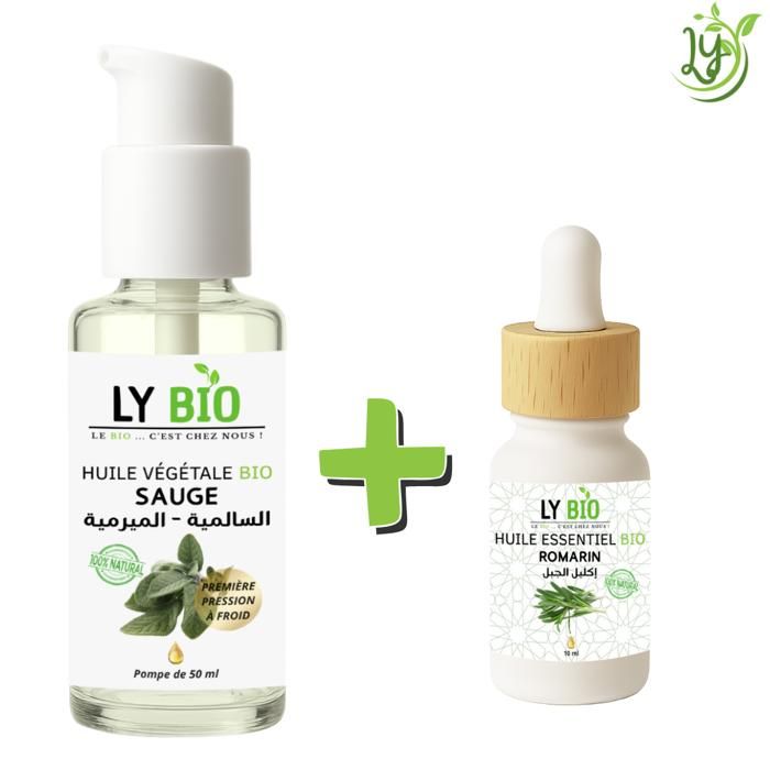 Pack de soins - LYBIO - HUILE SAUGE 50ML - POMPE - HUILE ESSENTIELLE ROMARIN 10ML - Tous types de cheveux