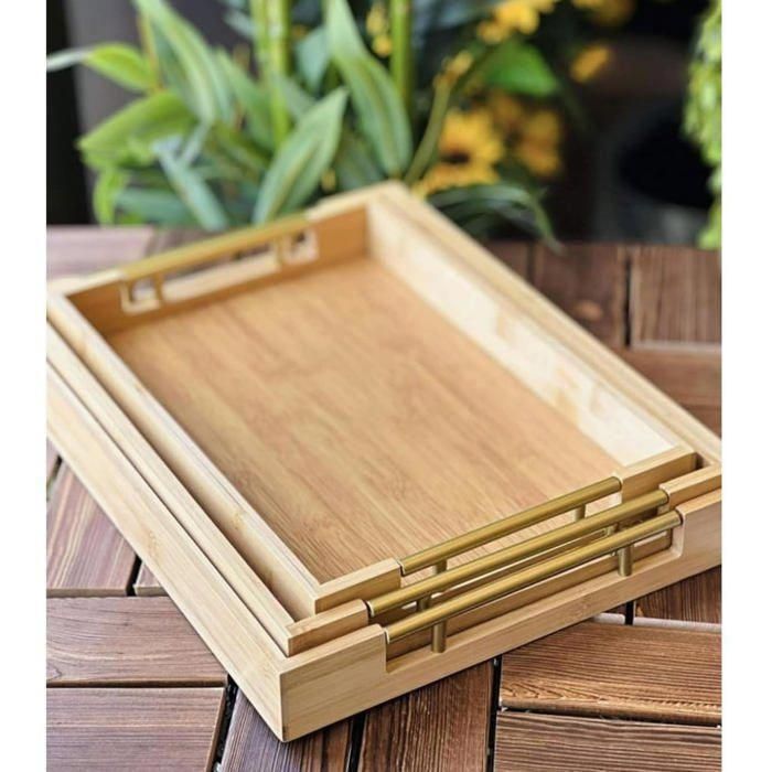 Plateaux en bois - AYA HOME - Lot de 3 - Ansés dorées en acier inoxydable - Design élégant - Polyvalent