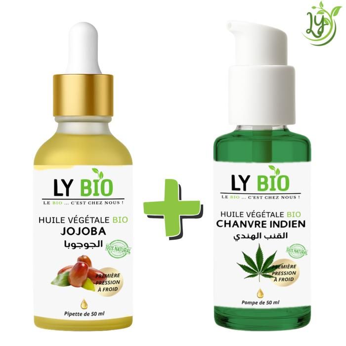 Pack de soins naturels - LYBIO - Huile Jojoba 50ml - Pipette - Huile Chanvre 50ml - Pompe