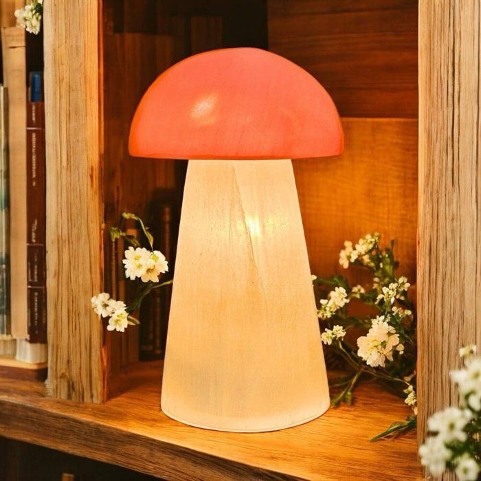 Lampe - Selenite - Champignon - Blanc/Rouge - 25 CM - Support en Bois